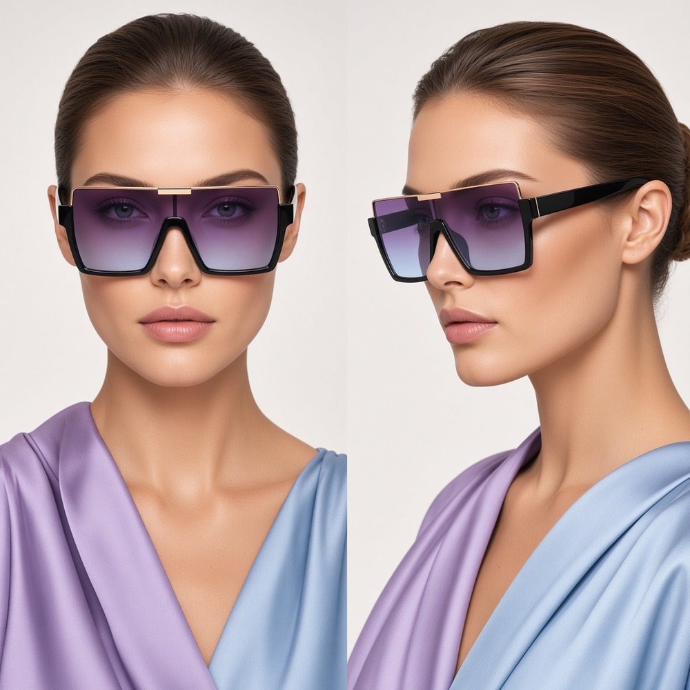 Oversized Square Shield Sunglasses Black Flat Top Blue Gradient Lens Women Fancy